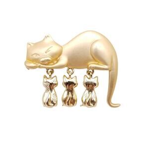 Vintage Dancraft Brooch Gold Tone Matte Momma Cat Shinny Dangle Kittens Figural